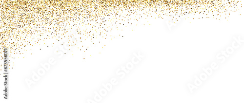 Golden glitter frame background. Sparkling small confetti corner wallpaper. Falling or splashed gold dots texture. Vector border or divider element for posters. Christmas, birthday decoration. Vector