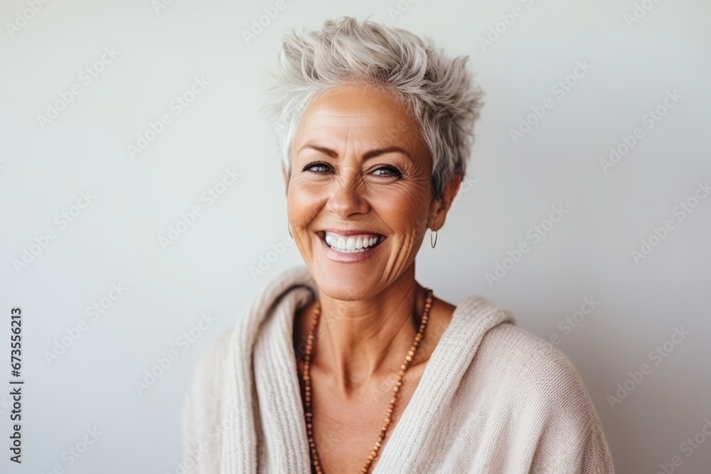 Portrait of a happy senior woman smiling at the camera against grey background