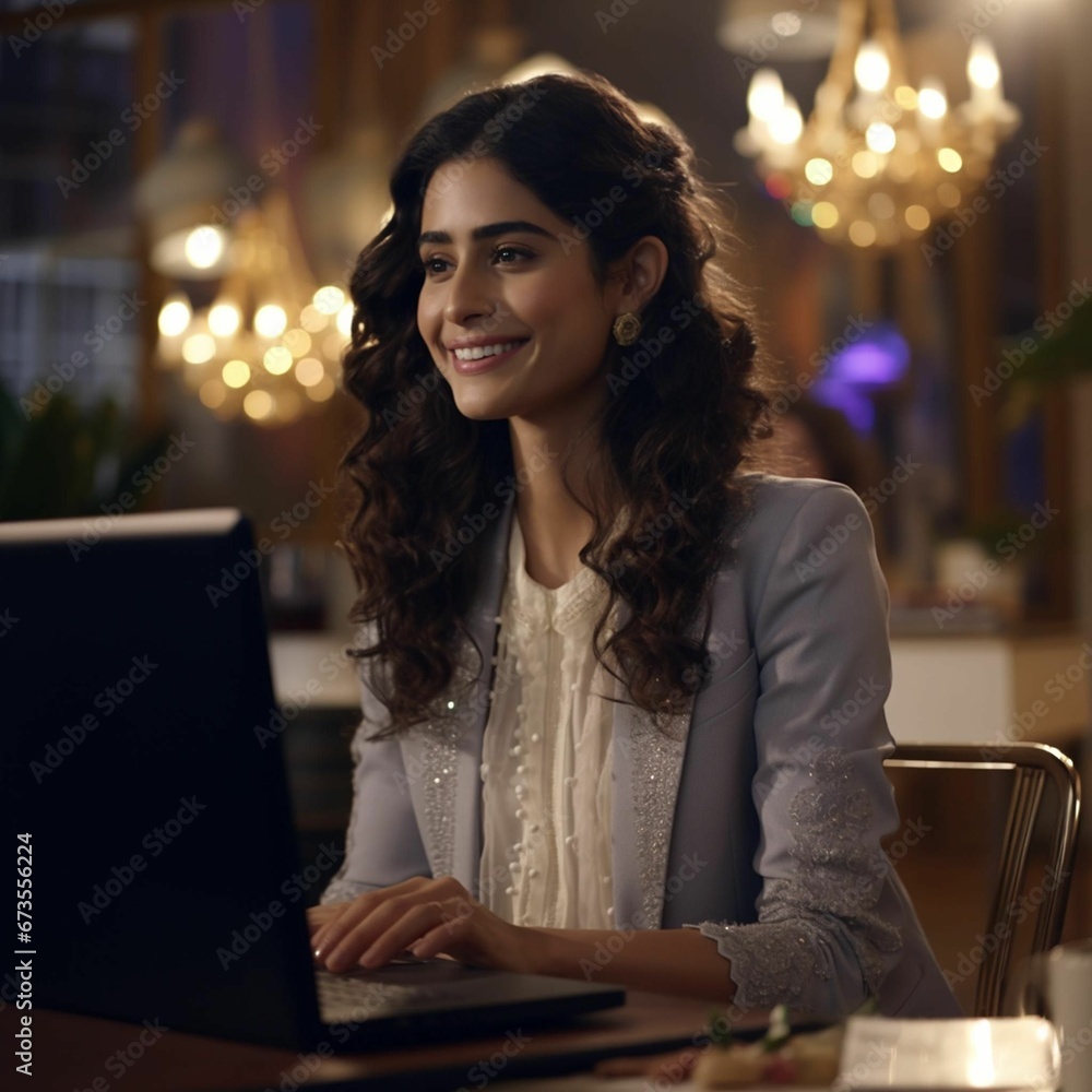 AI generated illustration of a young adult woman at a desk with a laptop computer in front of her AI generated illustration of a young adult woman at a desk with a laptop computer in front of her