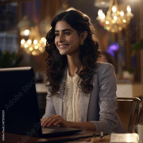 AI generated illustration of a young adult woman at a desk with a laptop computer in front of her