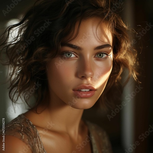 AI generated illustration of a portrait of a young female with green eyes and intriguing expression
