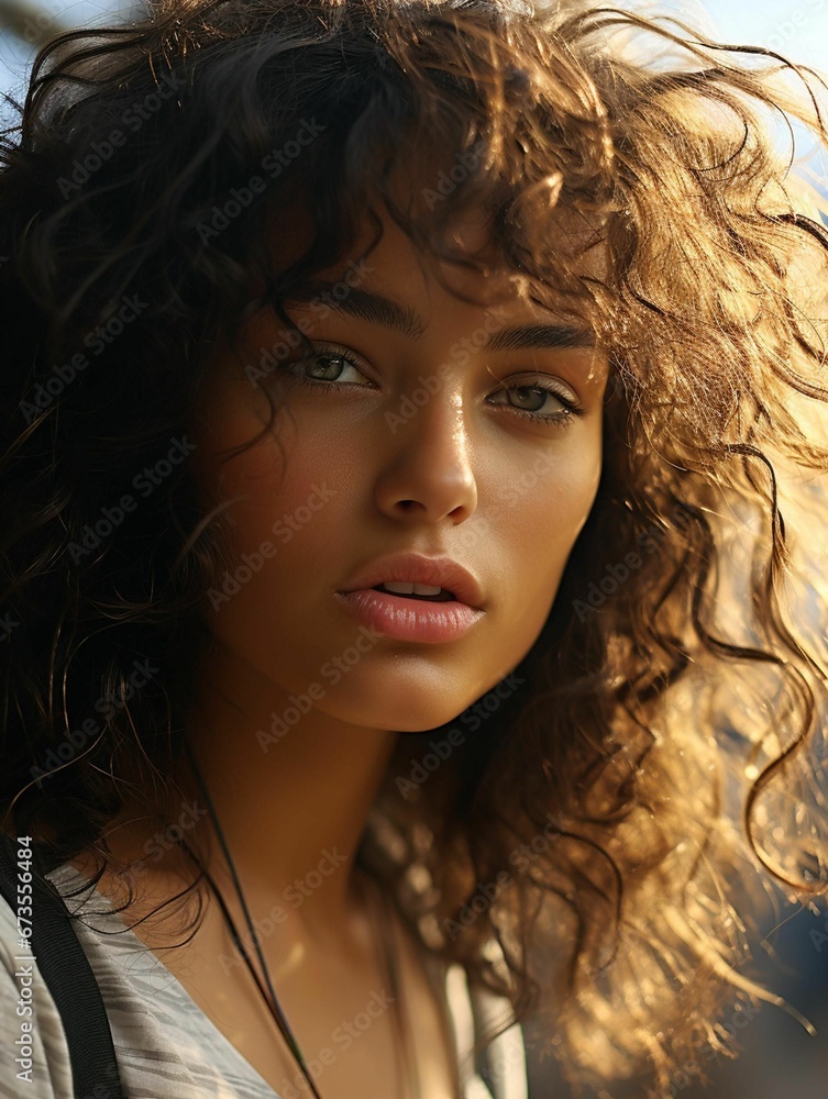 AI generated illustration of a portrait of a young woman with curly hair AI generated illustration of a portrait of a young woman with curly hair