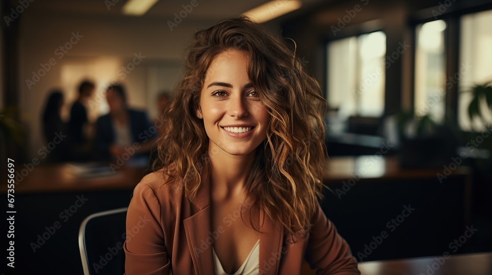 Potrait beautiful smiling business woman looking at camera, happy girl in creative office, successful career - obrazy, fototapety, plakaty 