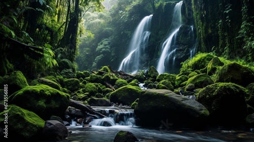 panorama view of mountain forest with small waterfall in Telomoyo mountain, Central Java, Indonesia.
