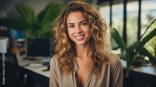 Potrait beautiful smiling business woman looking at camera, happy girl in creative office, successful career