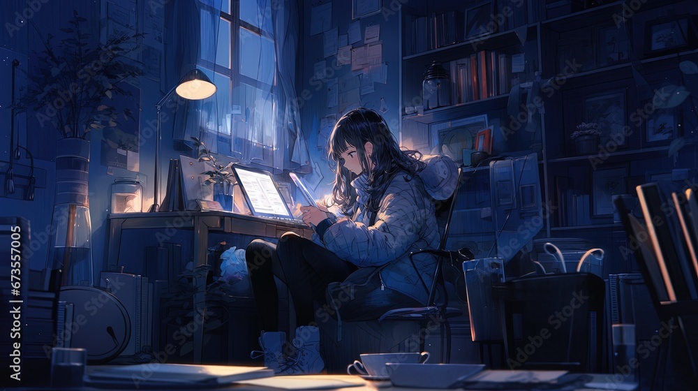 Anime-manga cartoon of a young woman with her computer listening to music.