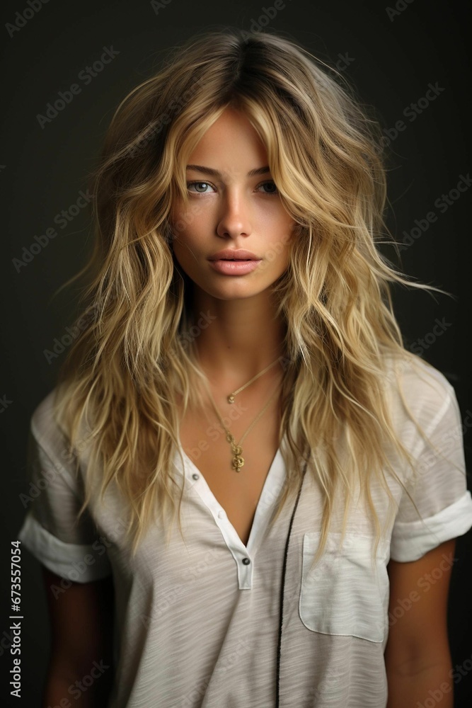 AI generated illustration of A young woman with long golden blonde hair, wearing a white blouse AI generated illustration of A young woman with long golden blonde hair, wearing a white blouse