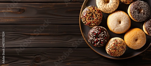 Sesame seed topped cakes displayed on a plate from above contrasting against a wooden backdrop