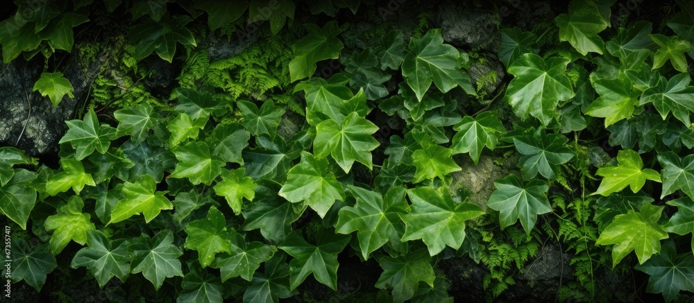 Sunlit close up of vibrant emerald ivy leaves and moss Sunlit close up of vibrant emerald ivy leaves and moss