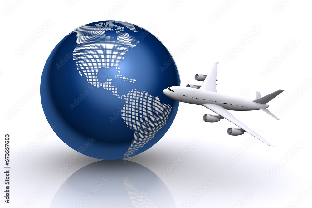 Fototapeta premium 地球と飛行機、ビジネスのグローバル戦略イメージ