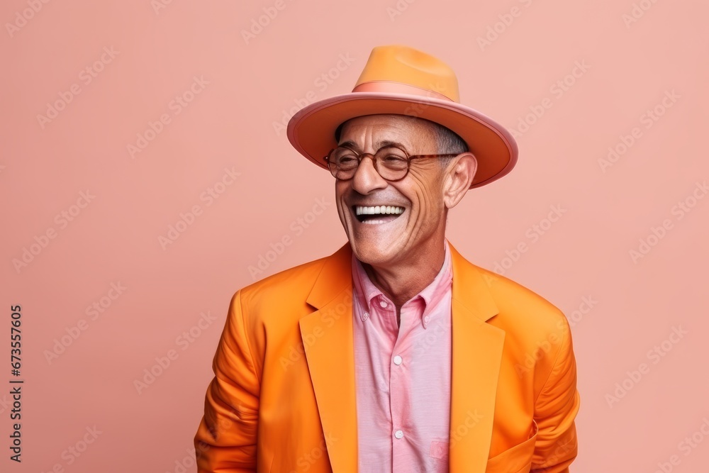 Portrait of a happy senior man in orange suit and hat laughing Portrait of a happy senior man in orange suit and hat laughing