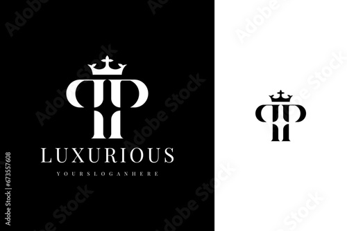 elegant simple minimal luxury serif font alphabet double letter p monogram logo design with crown