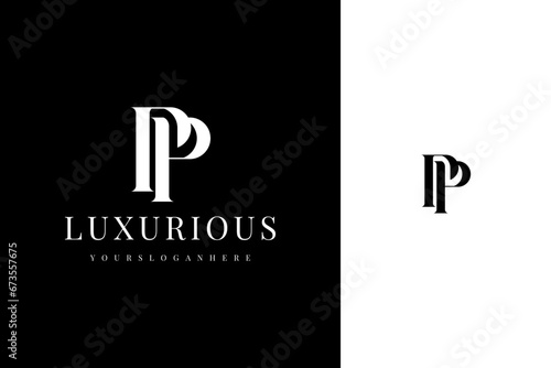 elegant simple minimal luxury serif font alphabet double letter p monogram logo design
