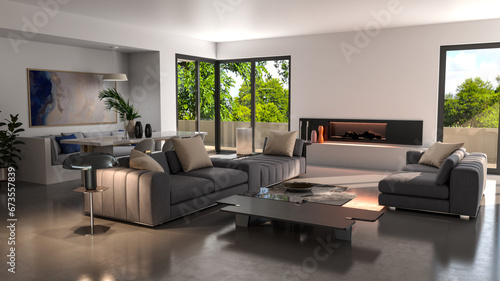 Large luxury modern bright interiors Living room mockup banner illustration 3D rendering computer digitally generated image © 3DarcaStudio