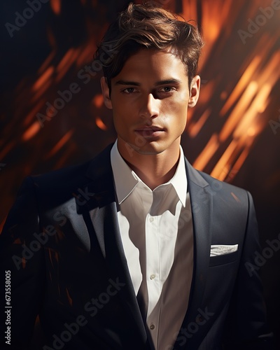 portrait cool handsome young businessman in a fashion pose, studio photo light background