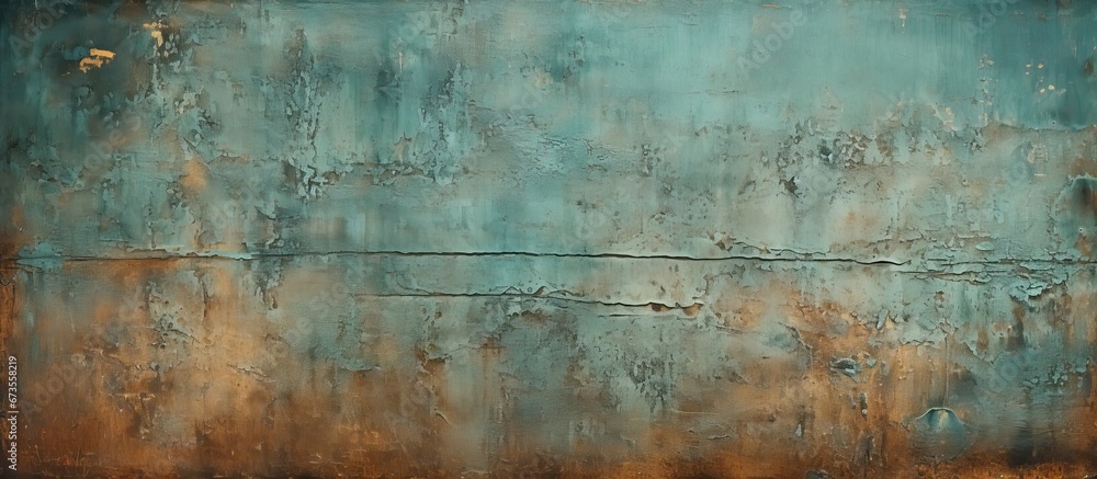 Texture of an aged metal plate with a greenish hue showcasing a rusty appearance - obrazy, fototapety, plakaty 