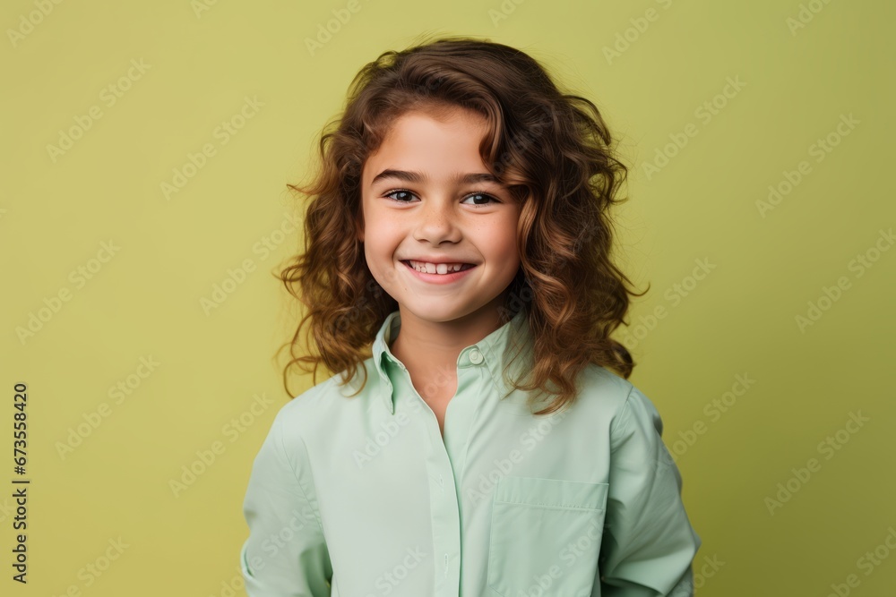 portrait of smiling little girl in green shirt looking at camera isolated on green portrait of smiling little girl in green shirt looking at camera isolated on green