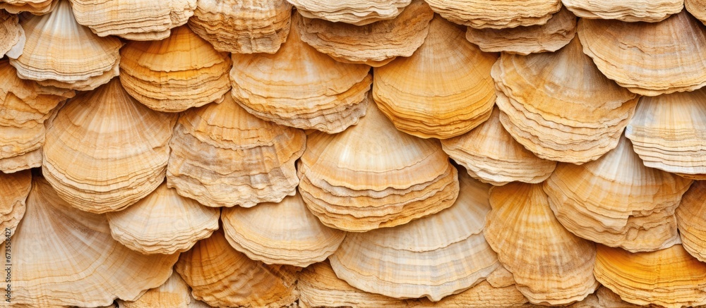 Texture of shellstone rock close up against a yellow brick wall Background