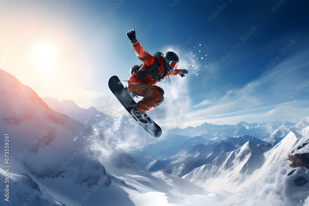 Snowboarder jumping in the air performing spectacular on snow mountain, extreme sport - obrazy, fototapety, plakaty 