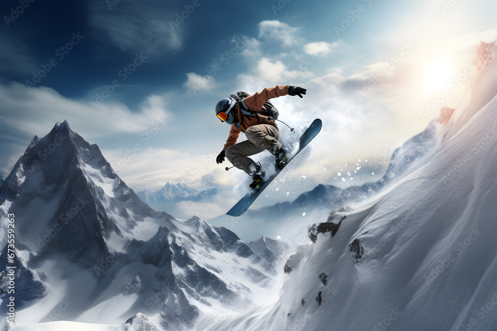 Snowboarder jumping in the air performing spectacular on snow mountain, extreme sport Snowboarder jumping in the air performing spectacular on snow mountain, extreme sport