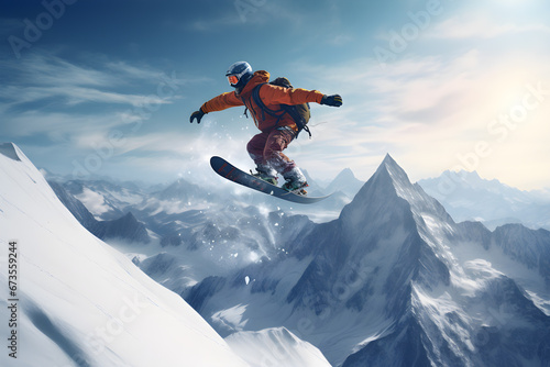 Snowboarder jumping in the air performing spectacular on snow mountain, extreme sport