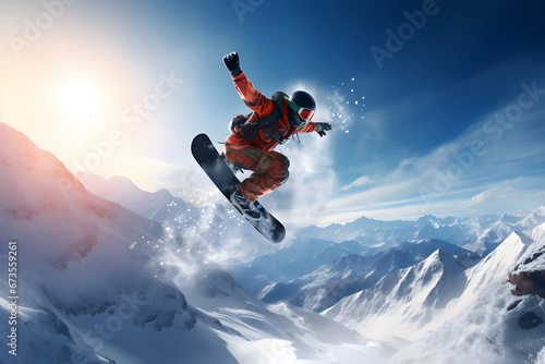 Snowboarder jumping in the air performing spectacular on snow mountain, extreme sport photo