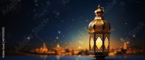 Ramadan kareem greeting card and islamic background, gold lantern and cresent moon illustration
