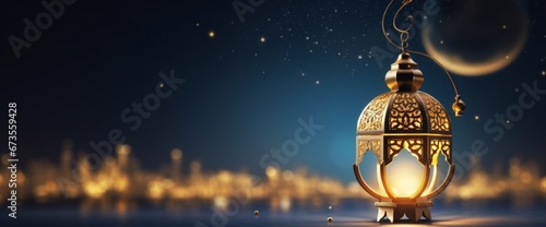 Ramadan kareem greeting card and islamic background, gold lantern and cresent moon illustration