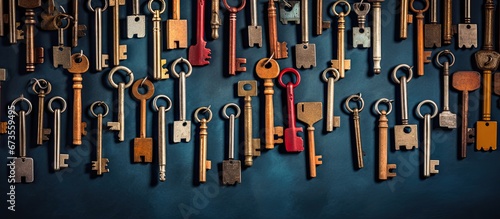 Numerous aged keys on a brighter cloth backdrop photo