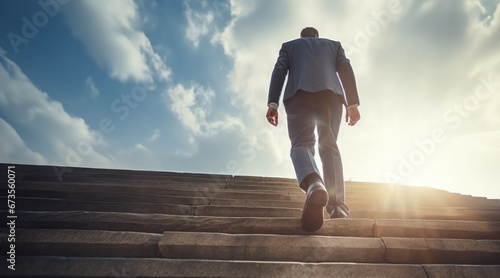 Ambitions concept with businessman climbing stairs - Personal development and career growth concepts. photo