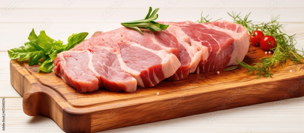 Pork neck that has been cut into thin slices placed on a cutting board made of wood