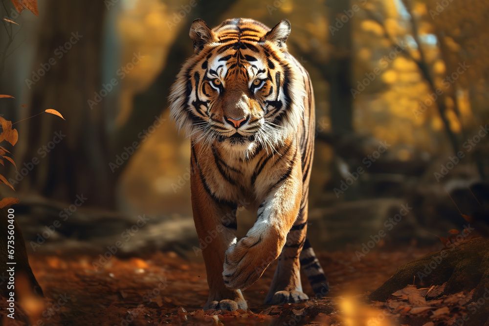 Image of a majestic tiger standing in the middle of the forest. Wildlife Animals.