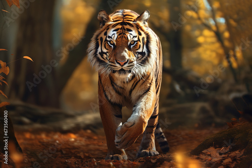 Image of a majestic tiger standing in the middle of the forest. Wildlife Animals. photo