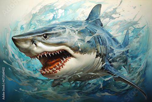An angry big shark opens its mouth wide with sharp teeth. Undersea animals. Fish.
