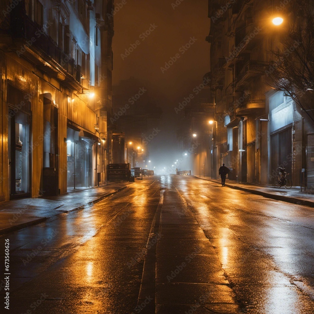 AI generated illustration of An urban cityscape featuring a wet street at night