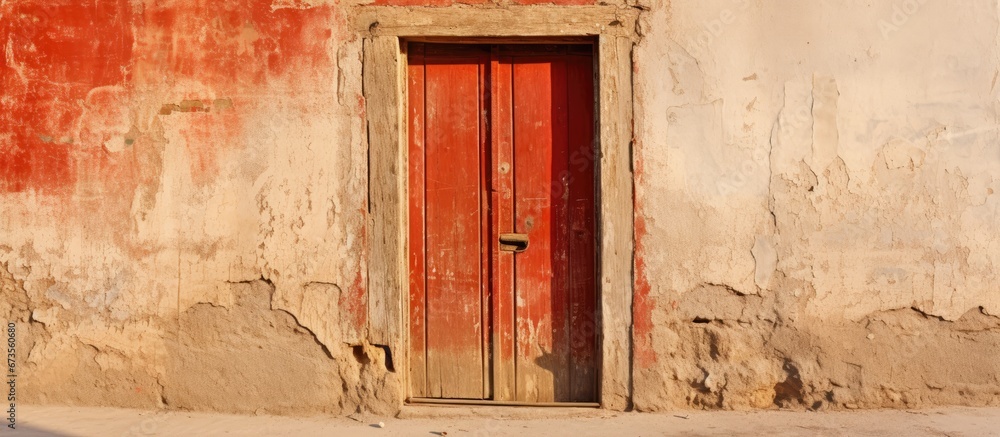 In the daylight the red old street door with peeling paint is lit up by the bright summer sun