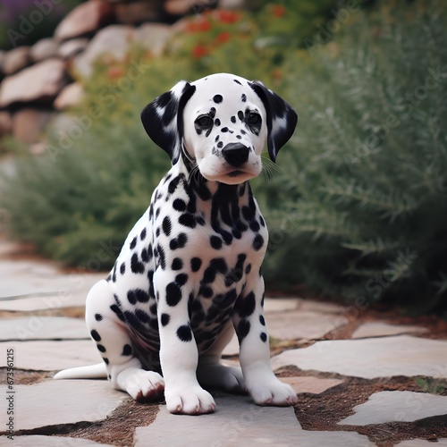 Dalmatian puppy sitting on the footpath