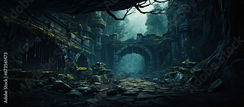 At night within the forest there stands a mystical temple made of stone invoking a realm of fantasy