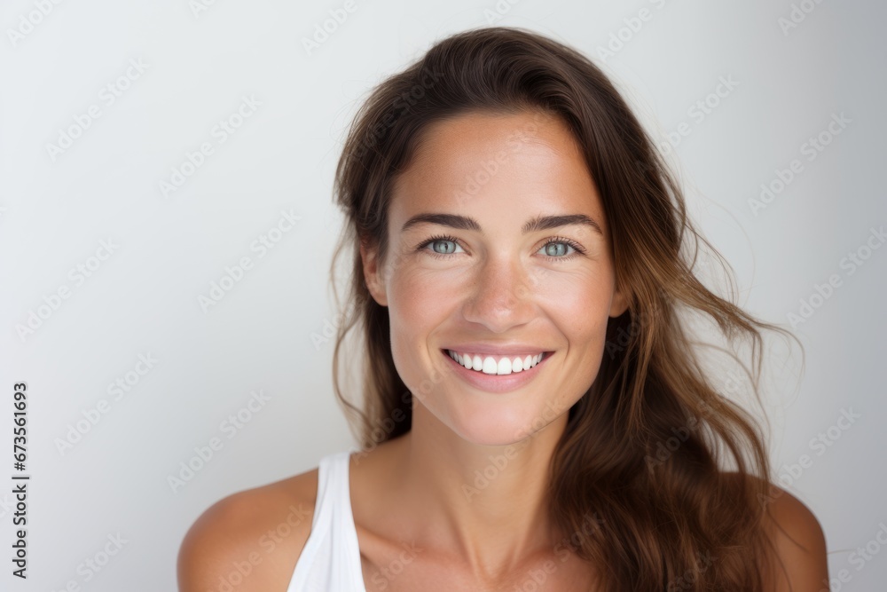 Portrait of a beautiful young woman with long brown hair smiling. Portrait of a beautiful young woman with long brown hair smiling.