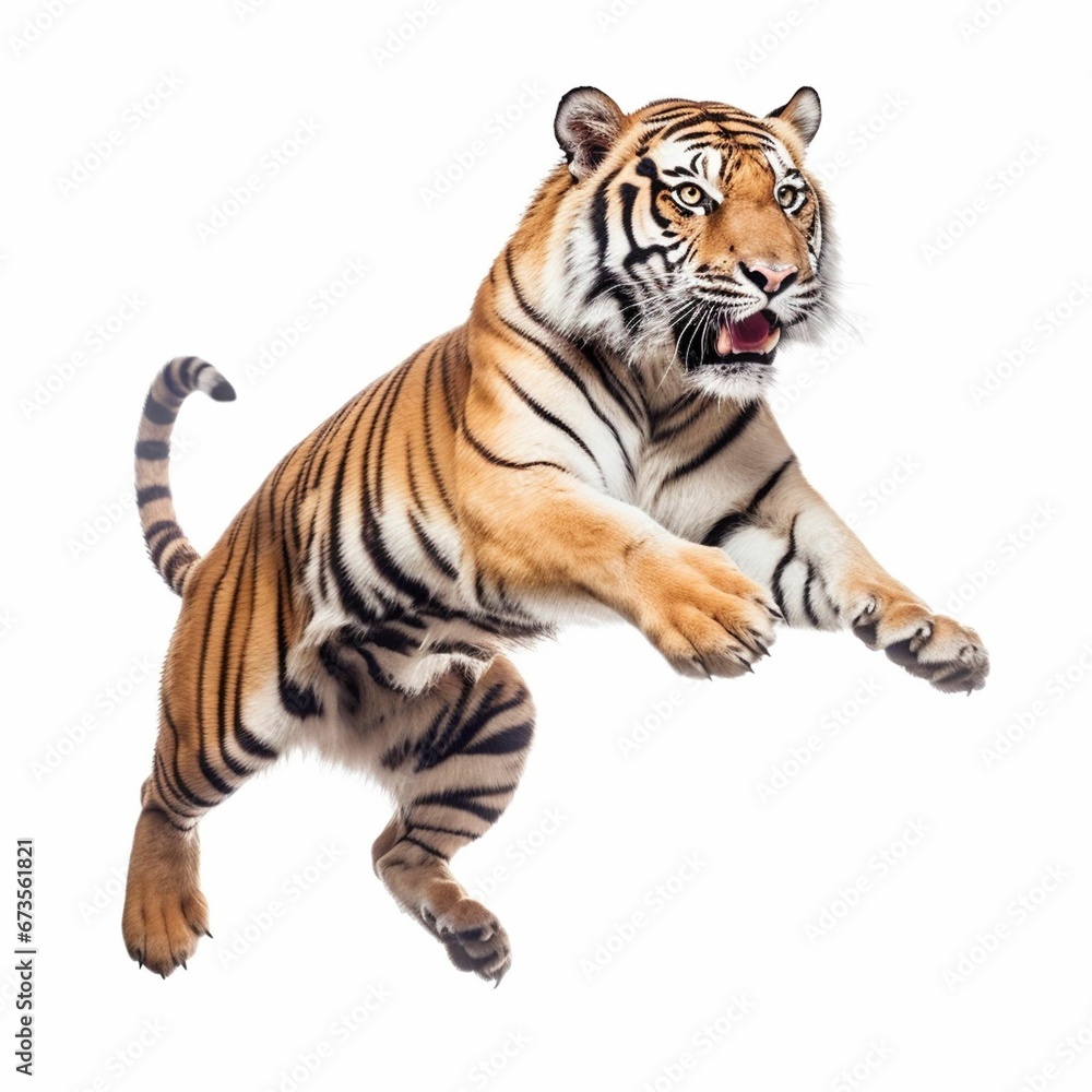 AI generated illustration of a Bengal tiger in mid-jump with its paws extended on a white background
