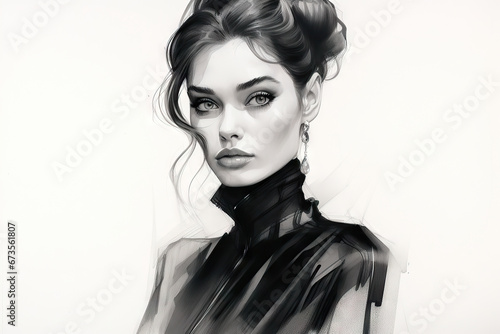 Portrait of a woman, watercolor, model, beauty, closeup, black and white, elegant, fashion, hair, updo