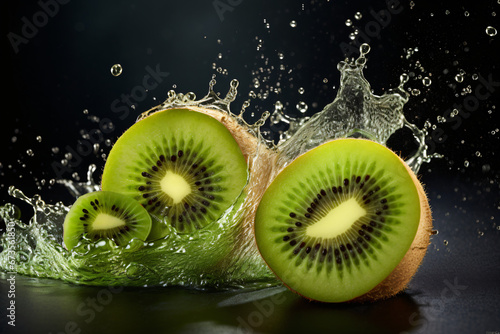 ripe kiwi fruits with splashes of water