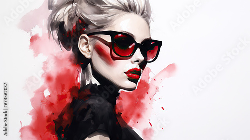 Portrait of a woman, watercolor, model, beauty, closeup, sunglasses, fashion, iconic, red, blonde hair