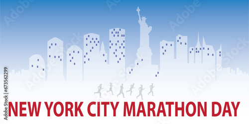 background with city silhouette and people running with the words new york city marathon day
