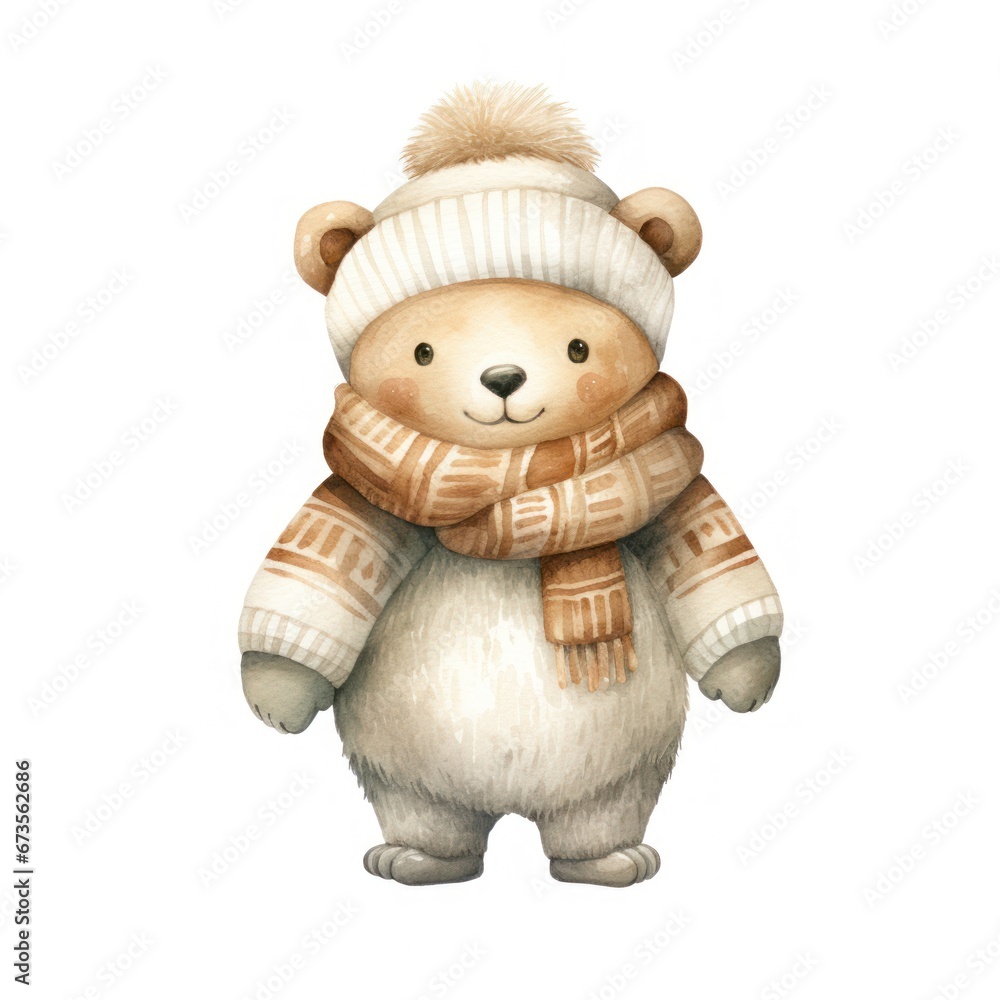 Fototapeta premium A cute Christmas white bear with a scarf watercolor illustration.Isolated on white background