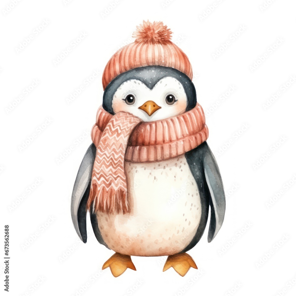 Fototapeta premium A cute Christmas pinguin watercolor illustration, Isolated on white background