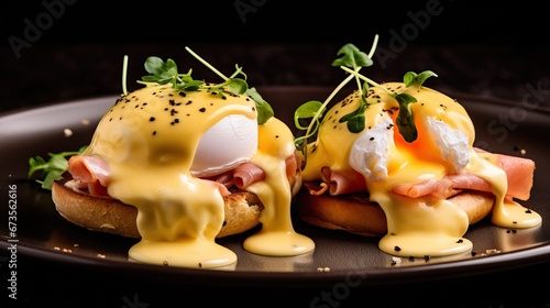 Delicious breakfast of classic egg benedict with bacon on a plate photo
