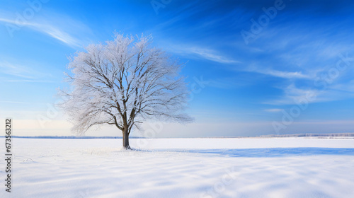 冬の風景、空と雪の積もる木、自然の景色
