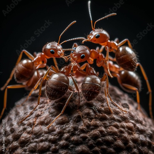 a group of ants moving down a piece of wood, one carrying another