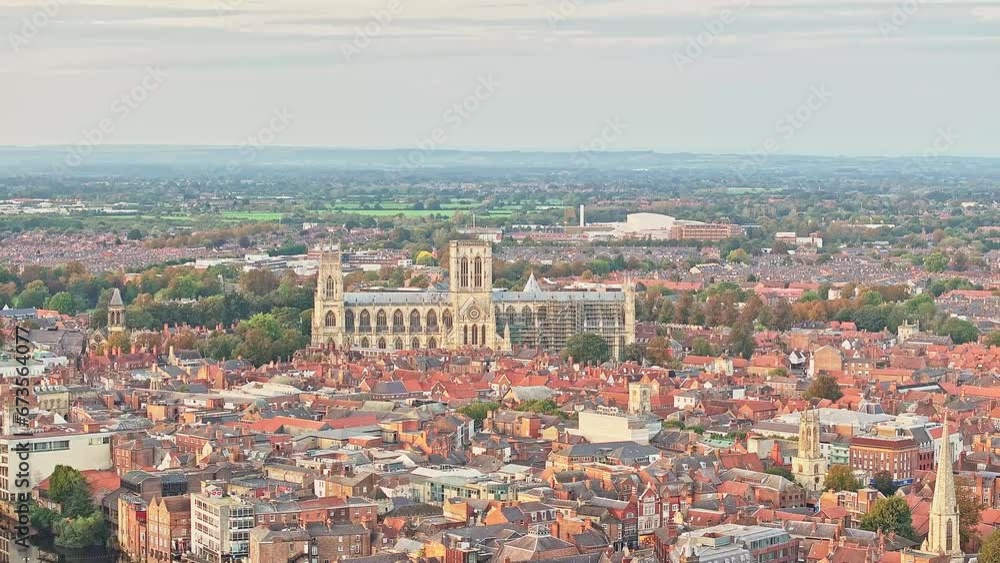 Drone shot of Romanesque building located at York, the confluence of the rivers Ouse and Foss Drone shot of Romanesque building located at York, the confluence of the rivers Ouse and Foss